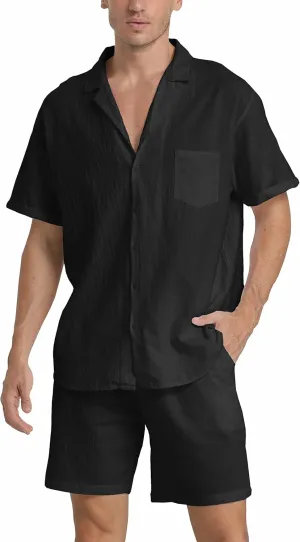 RPOVIG Linen Shirt Short Outfits:Men's Beach 2 Pieces Casual Button-Down Sets