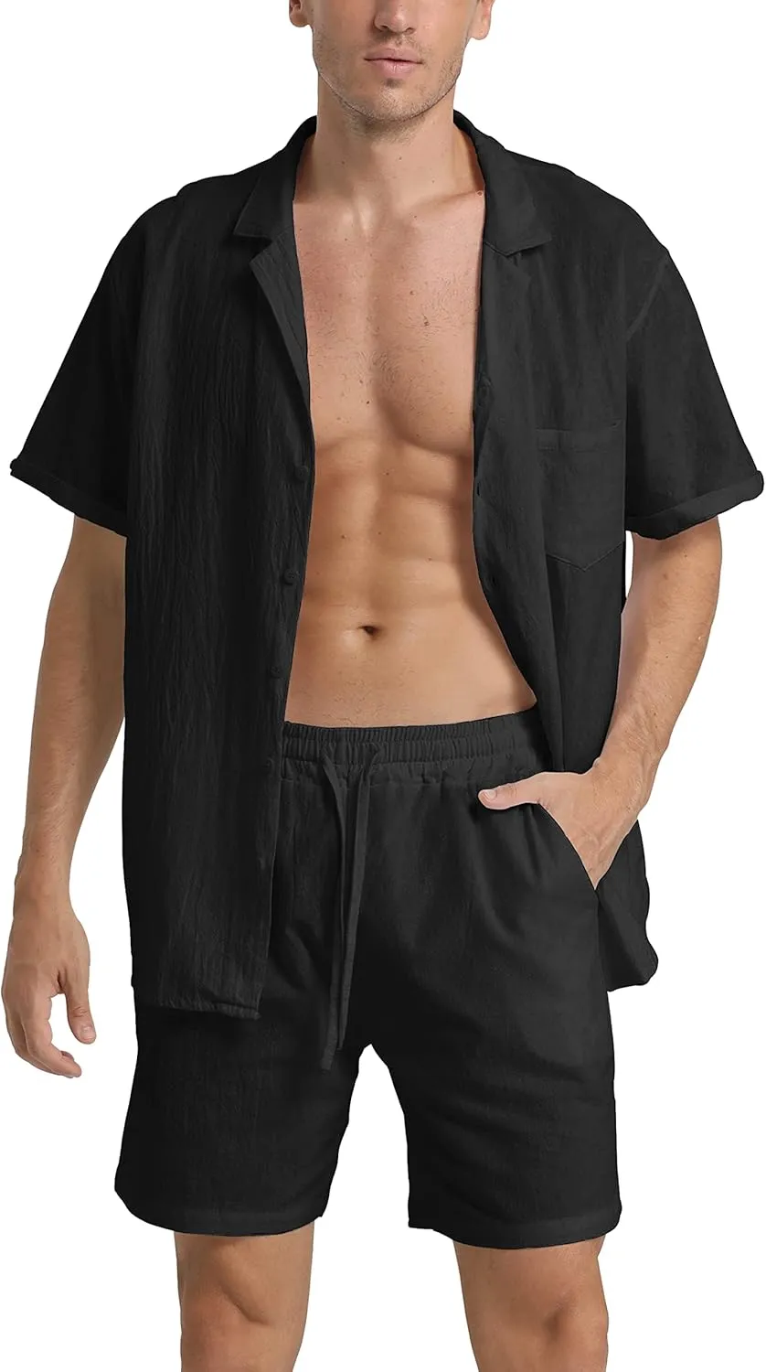 RPOVIG Linen Shirt Short Outfits:Men's Beach 2 Pieces Casual Button-Down Sets
