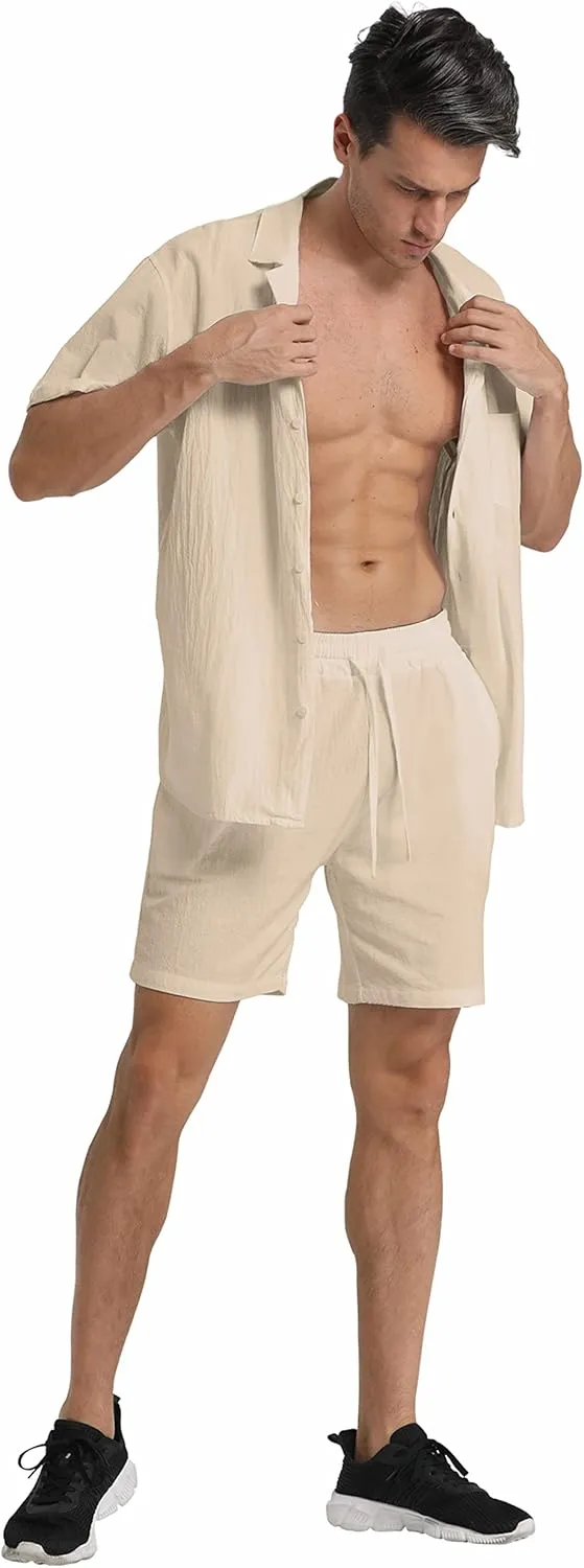 RPOVIG Linen Shirt Short Outfits:Men's Beach 2 Pieces Casual Button-Down Sets