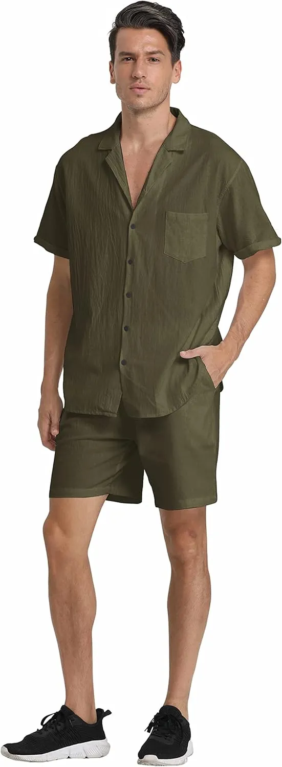 RPOVIG Linen Shirt Short Outfits:Men's Beach 2 Pieces Casual Button-Down Sets
