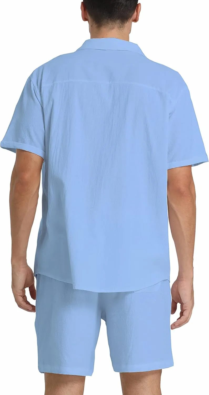 RPOVIG Linen Shirt Short Outfits:Men's Beach 2 Pieces Casual Button-Down Sets