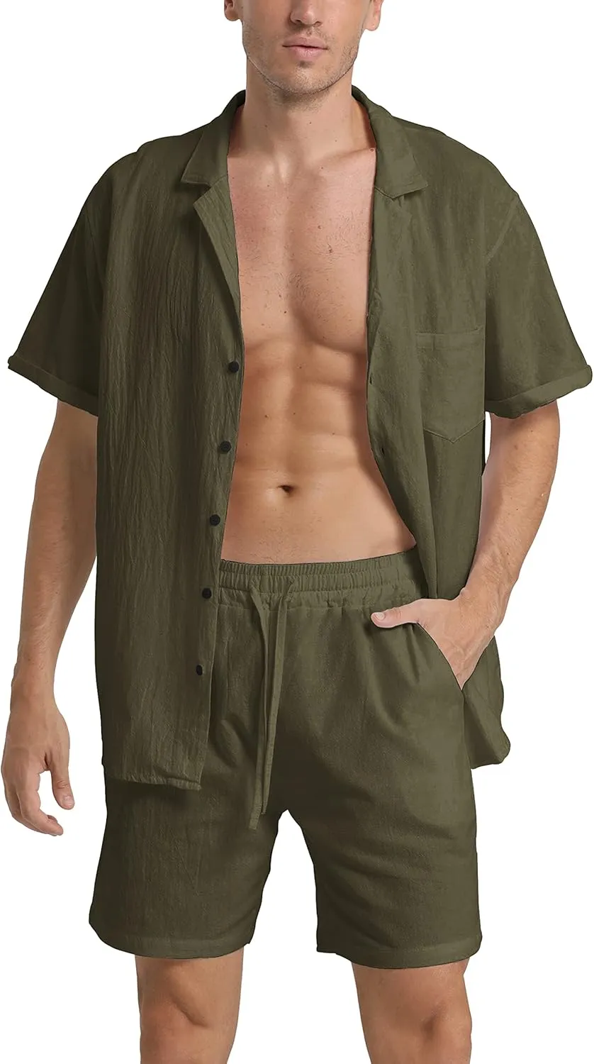 RPOVIG Linen Shirt Short Outfits:Men's Beach 2 Pieces Casual Button-Down Sets