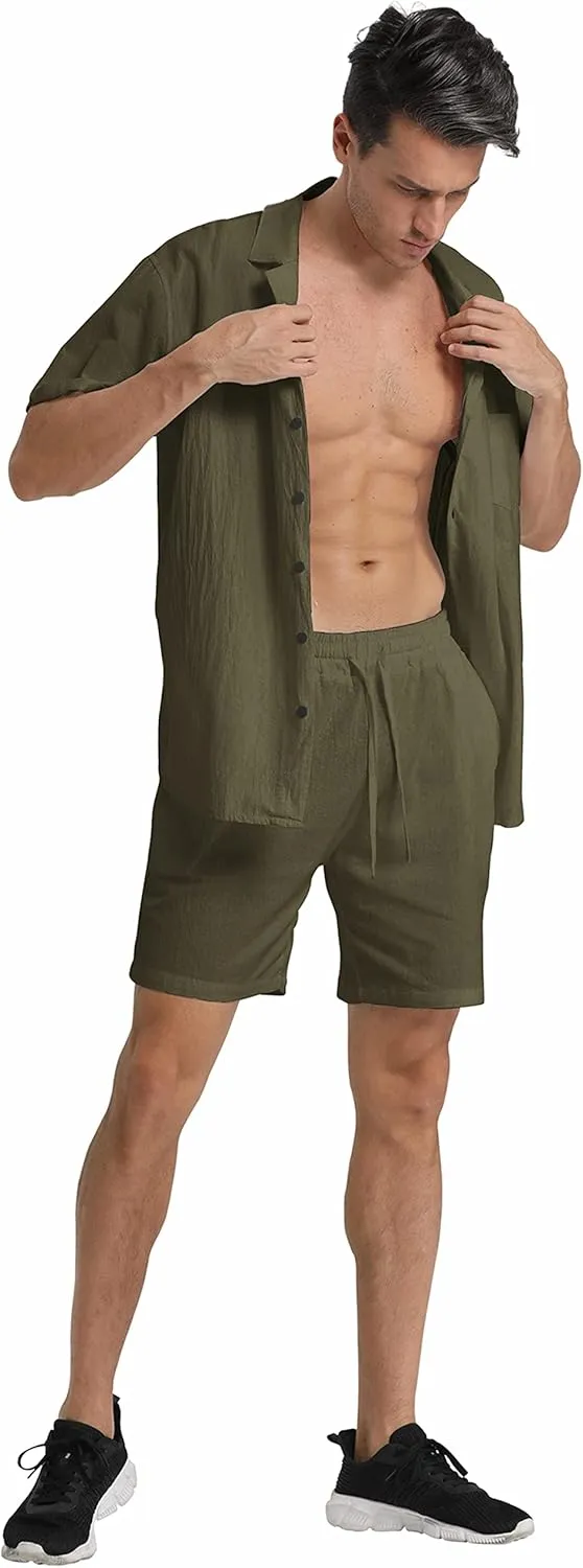 RPOVIG Linen Shirt Short Outfits:Men's Beach 2 Pieces Casual Button-Down Sets