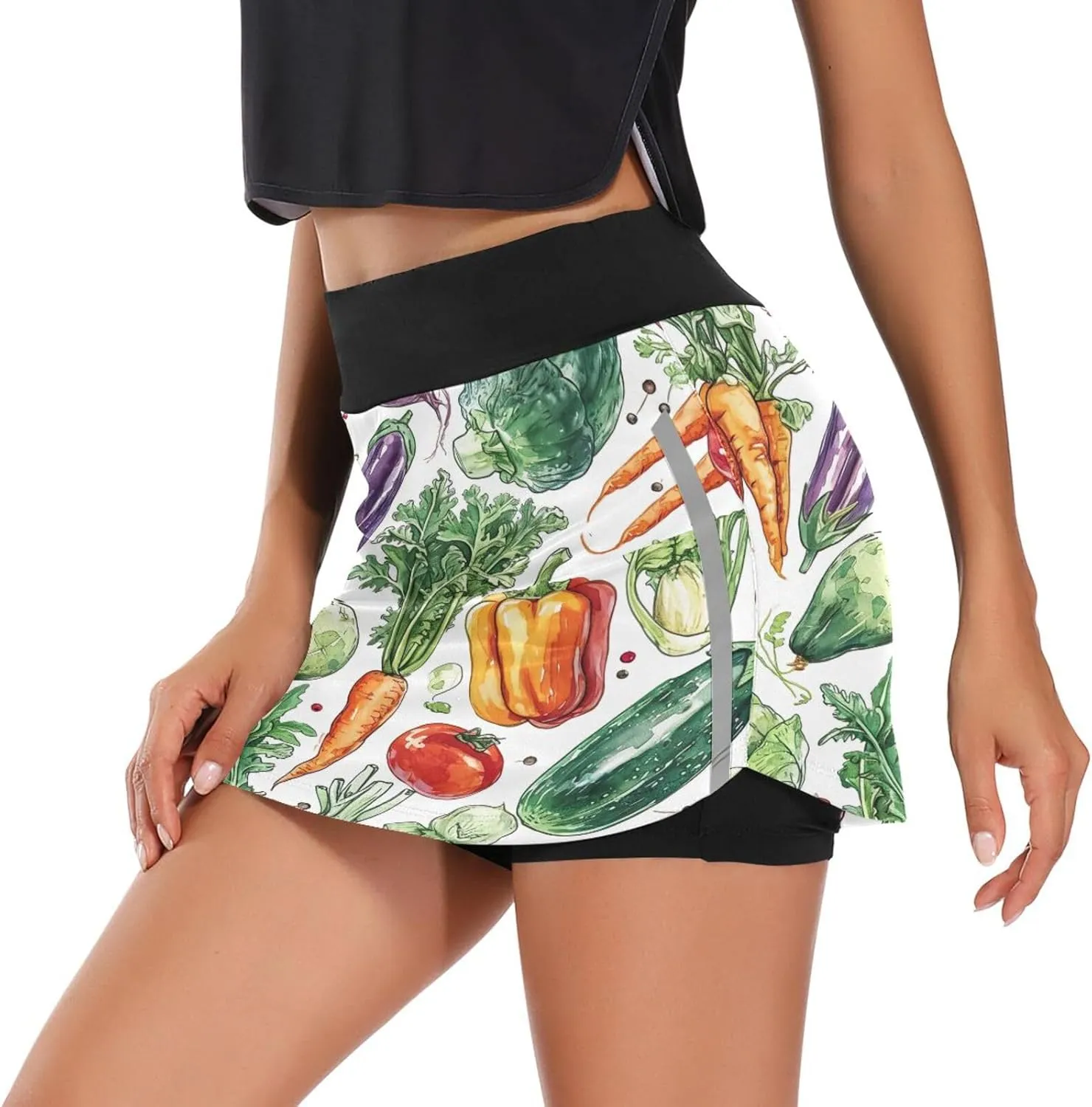 Scribble Vegetable Pattern Tennis Skorts Skirts for Women Workout Athletic Skirt High Waisted with Pocket