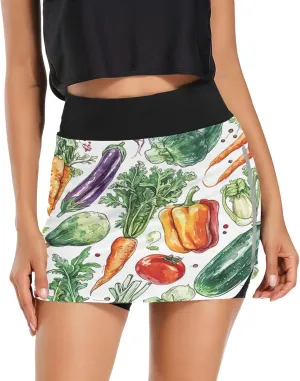 Scribble Vegetable Pattern Tennis Skorts Skirts for Women Workout Athletic Skirt High Waisted with Pocket