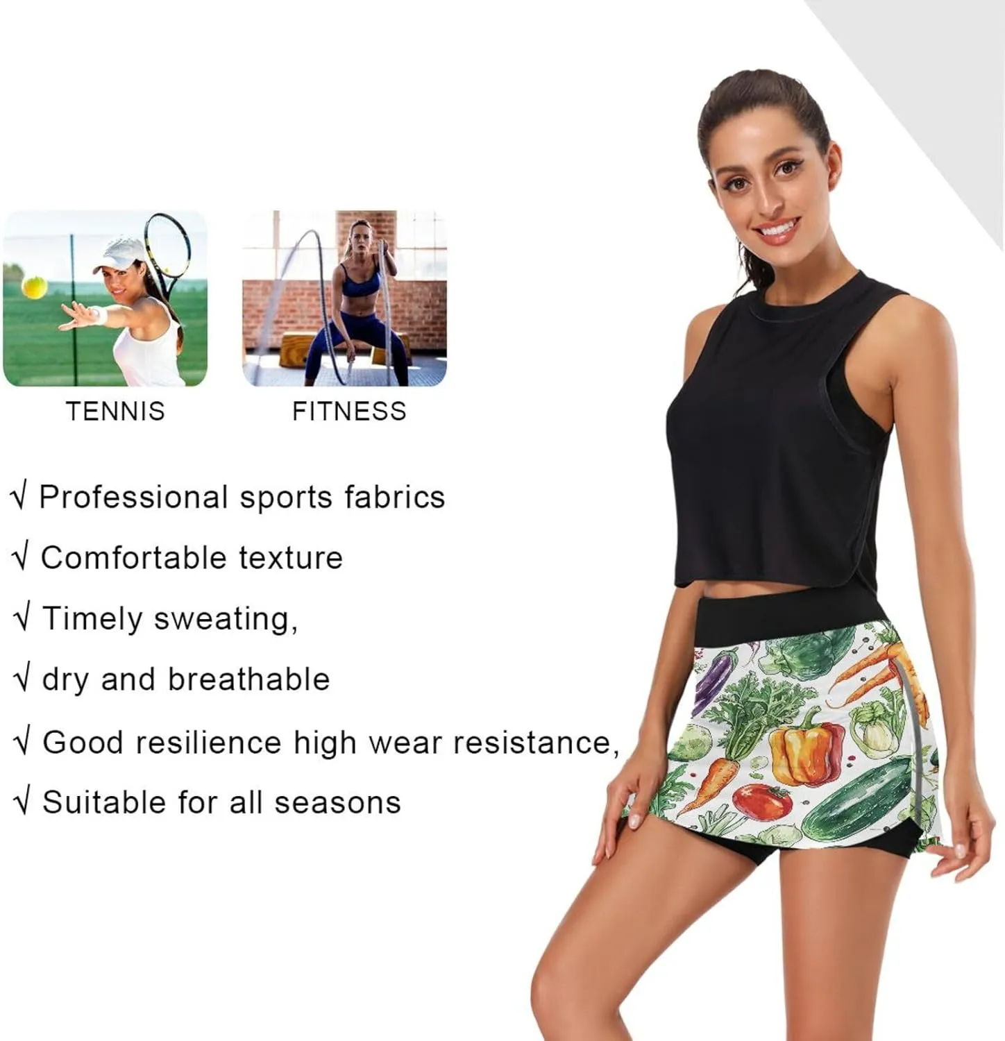 Scribble Vegetable Pattern Tennis Skorts Skirts for Women Workout Athletic Skirt High Waisted with Pocket