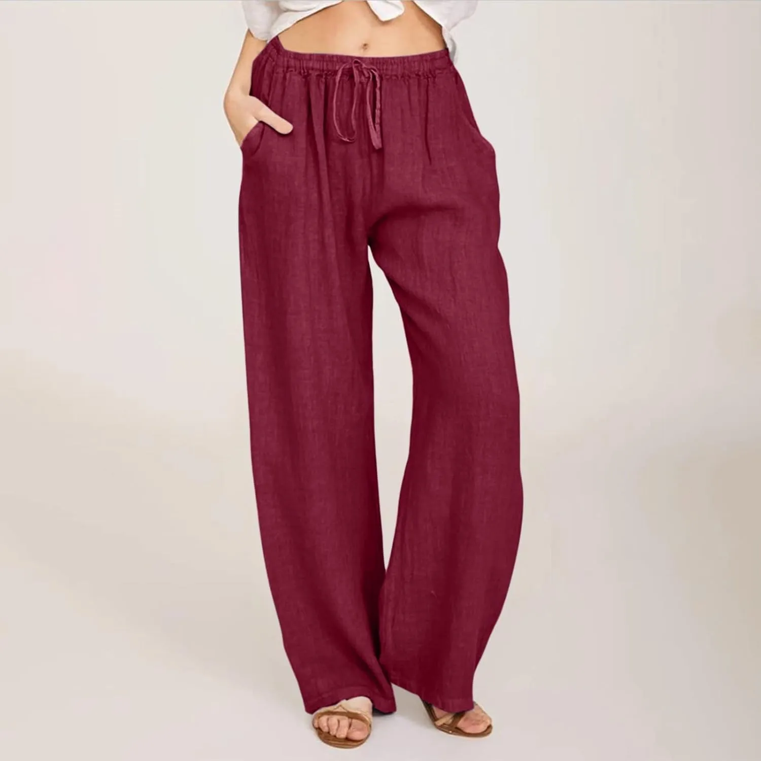 sdbrld Linen Pants Women High Waisted Lightweight Cotton Pants Tie Knot Wide Leg Trousers Summer Lounge Pants with Pockets