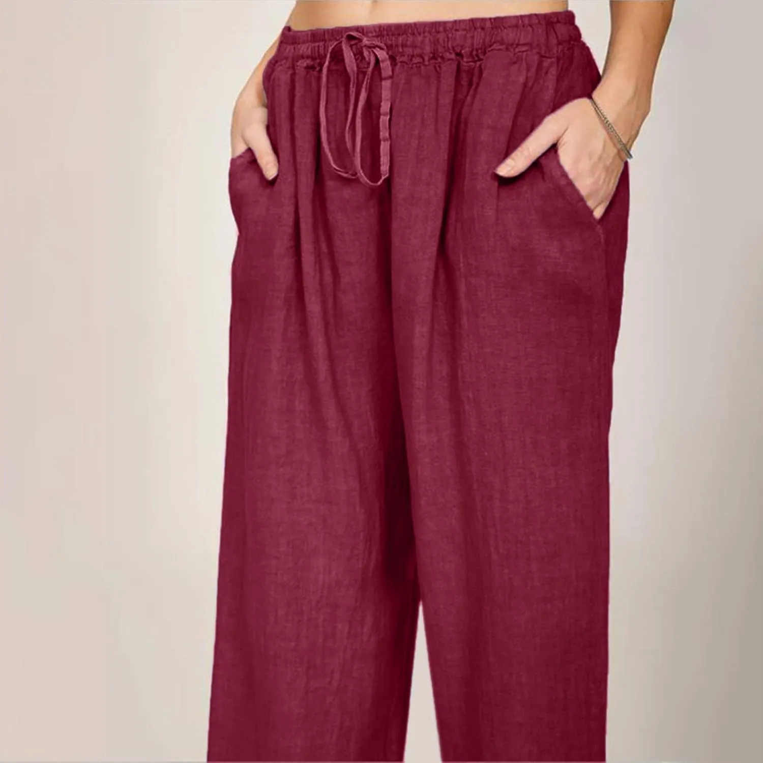 sdbrld Linen Pants Women High Waisted Lightweight Cotton Pants Tie Knot Wide Leg Trousers Summer Lounge Pants with Pockets