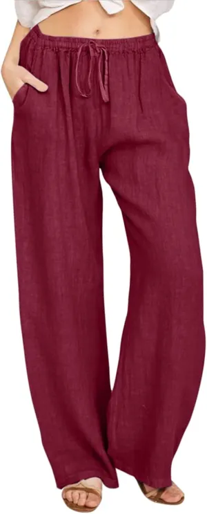 sdbrld Linen Pants Women High Waisted Lightweight Cotton Pants Tie Knot Wide Leg Trousers Summer Lounge Pants with Pockets