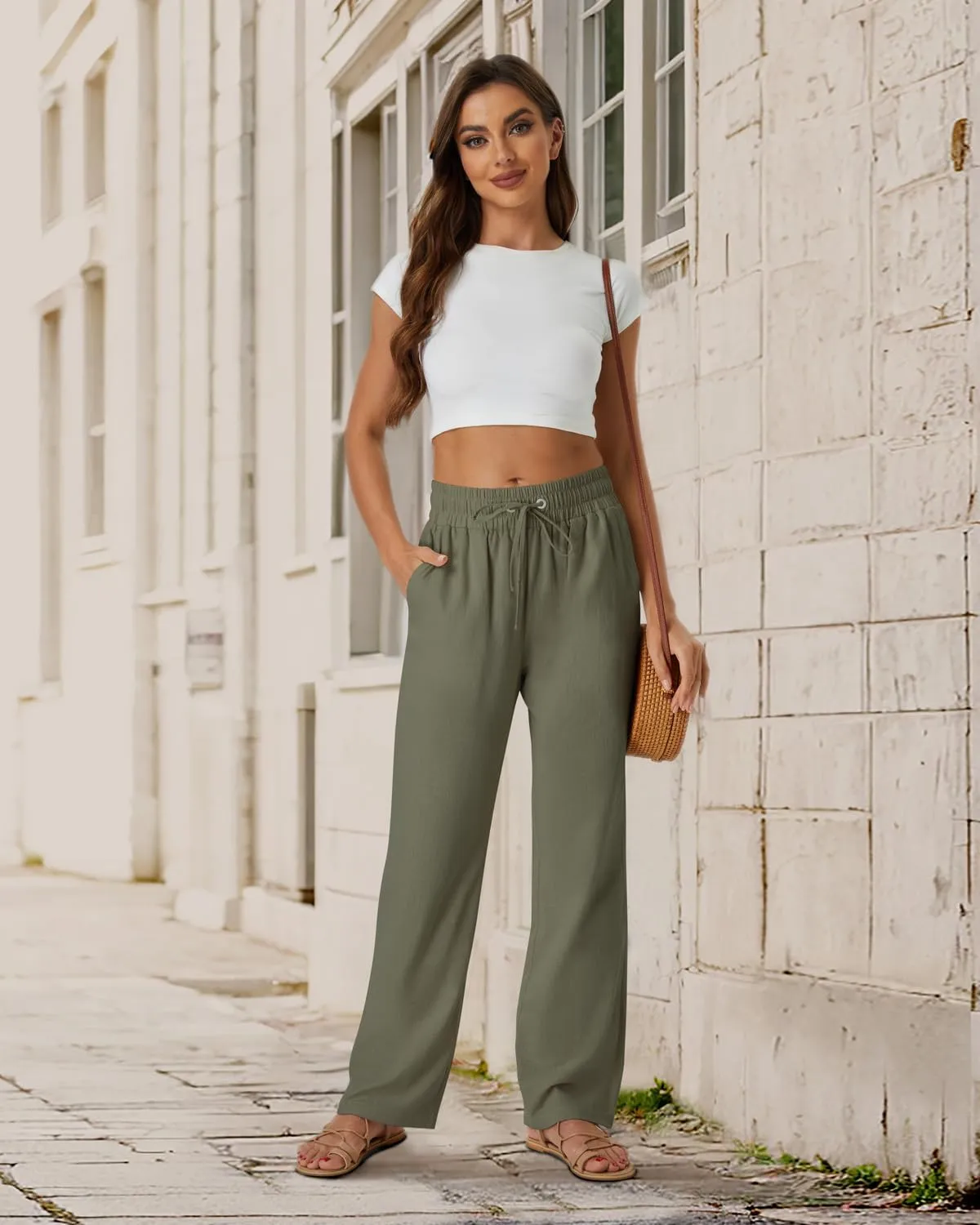 SEMARO Womens Casual Linen High Waist Pants Drawstring Loose Fit Summer Pants Trousers with Side Pockets