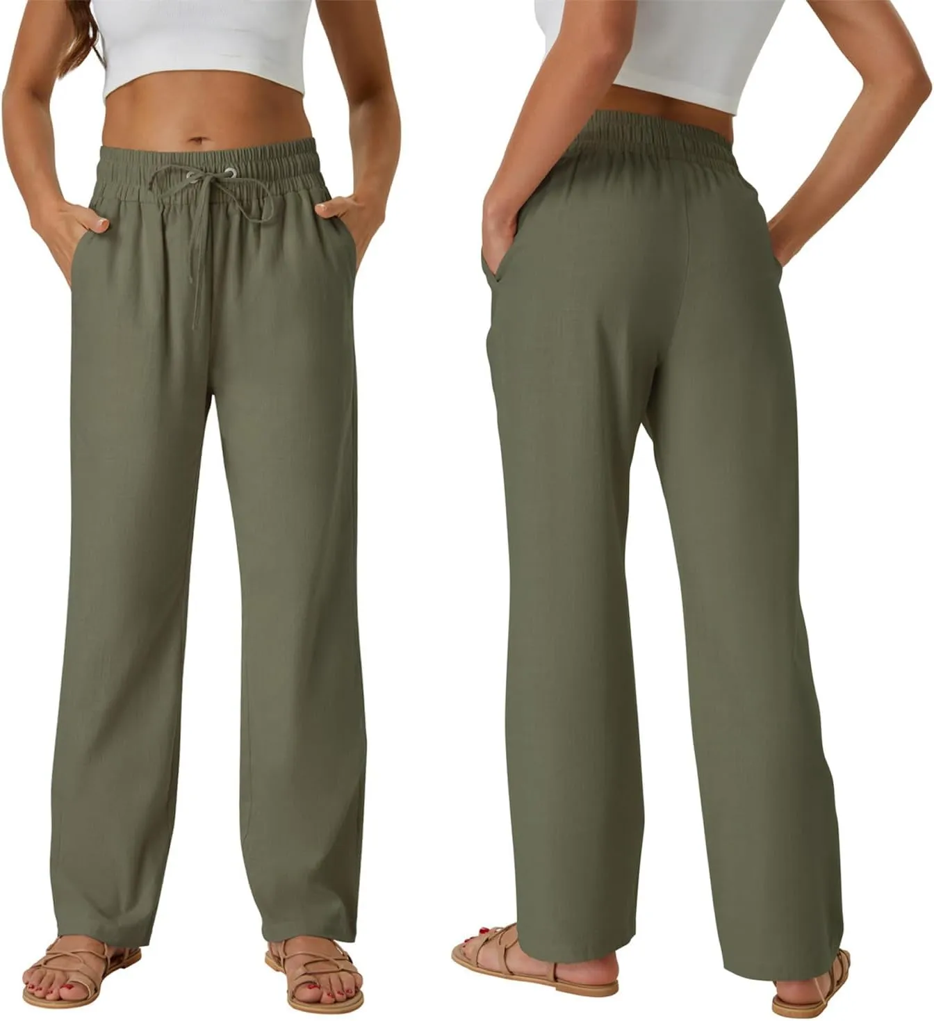 SEMARO Womens Casual Linen High Waist Pants Drawstring Loose Fit Summer Pants Trousers with Side Pockets