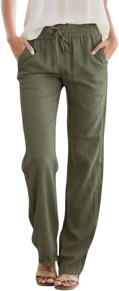 SEMARO Womens Casual Linen High Waist Pants Drawstring Loose Fit Summer Pants Trousers with Side Pockets