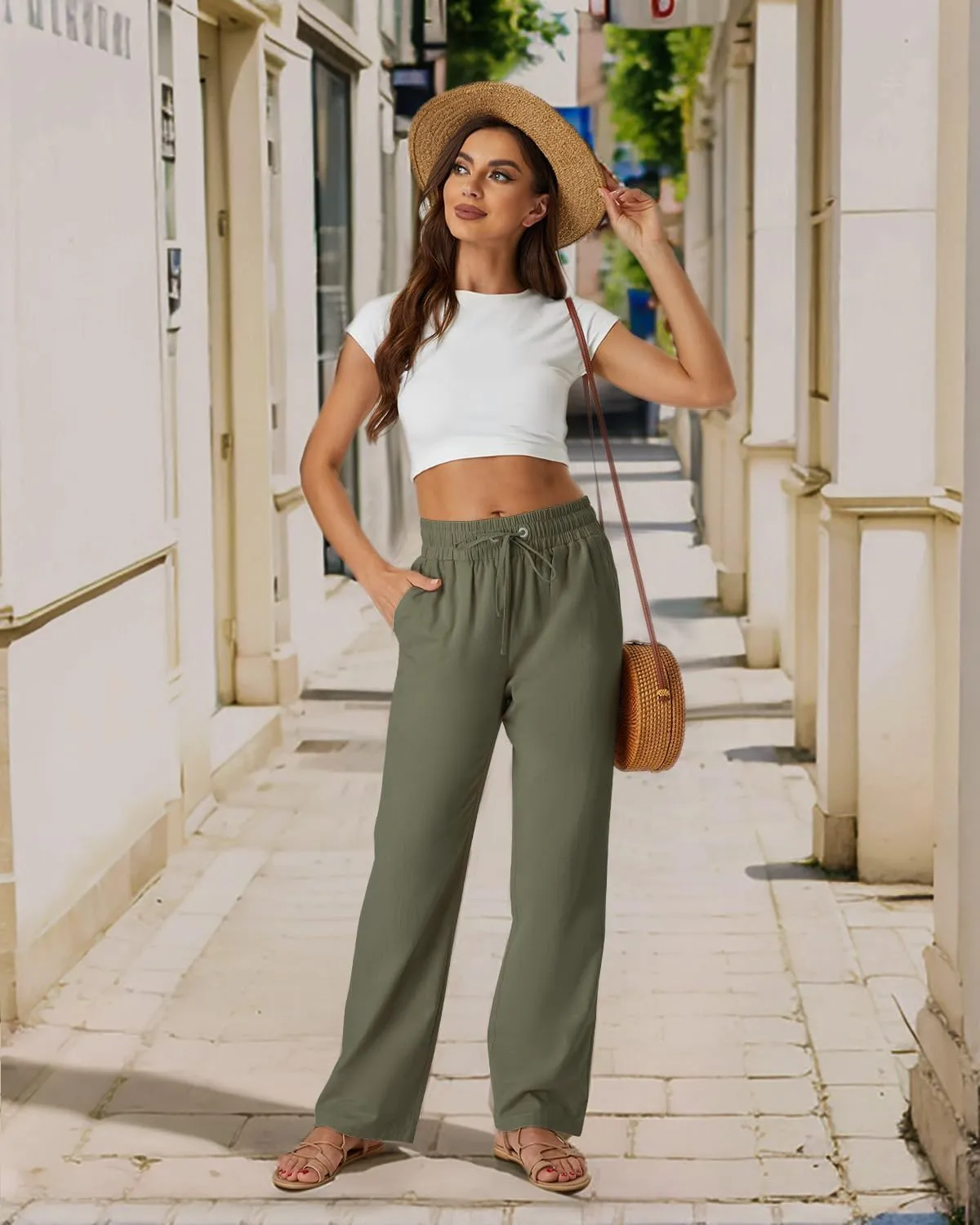 SEMARO Womens Casual Linen High Waist Pants Drawstring Loose Fit Summer Pants Trousers with Side Pockets