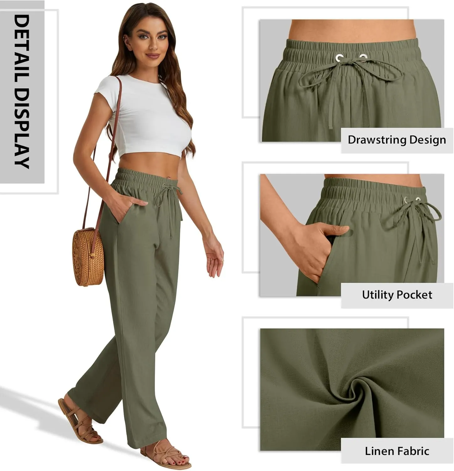 SEMARO Womens Casual Linen High Waist Pants Drawstring Loose Fit Summer Pants Trousers with Side Pockets