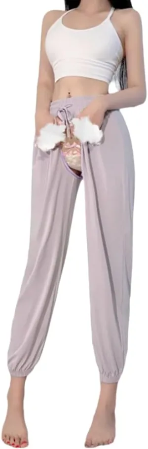Sexy Invisible Zipper Open Crotch Three Quater Pants Women Loose Gym Sports Trousers