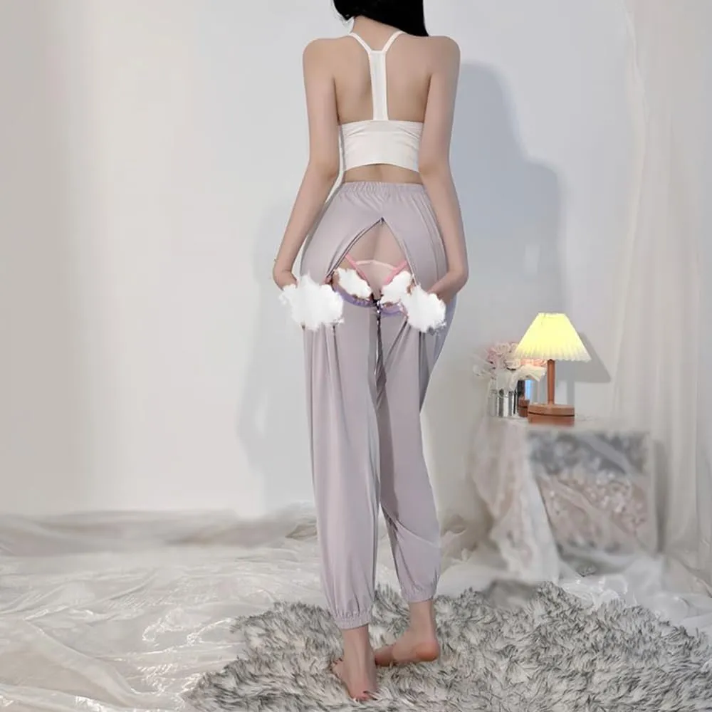 Sexy Invisible Zipper Open Crotch Three Quater Pants Women Loose Gym Sports Trousers