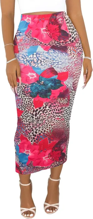 Sexy Maxi Skirt for Women, Stretch Thicken High Waist Floral Print Pencil Long Bodycon Skirts Back Split