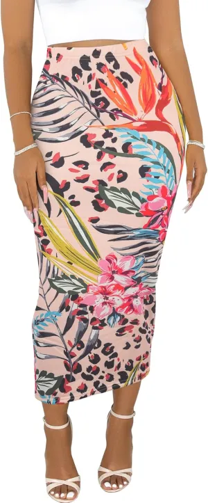 Sexy Maxi Skirt for Women, Stretch Thicken High Waist Floral Print Pencil Long Bodycon Skirts Back Split