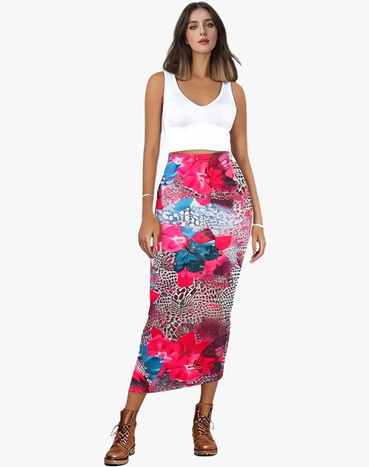 Sexy Maxi Skirt for Women, Stretch Thicken High Waist Floral Print Pencil Long Bodycon Skirts Back Split