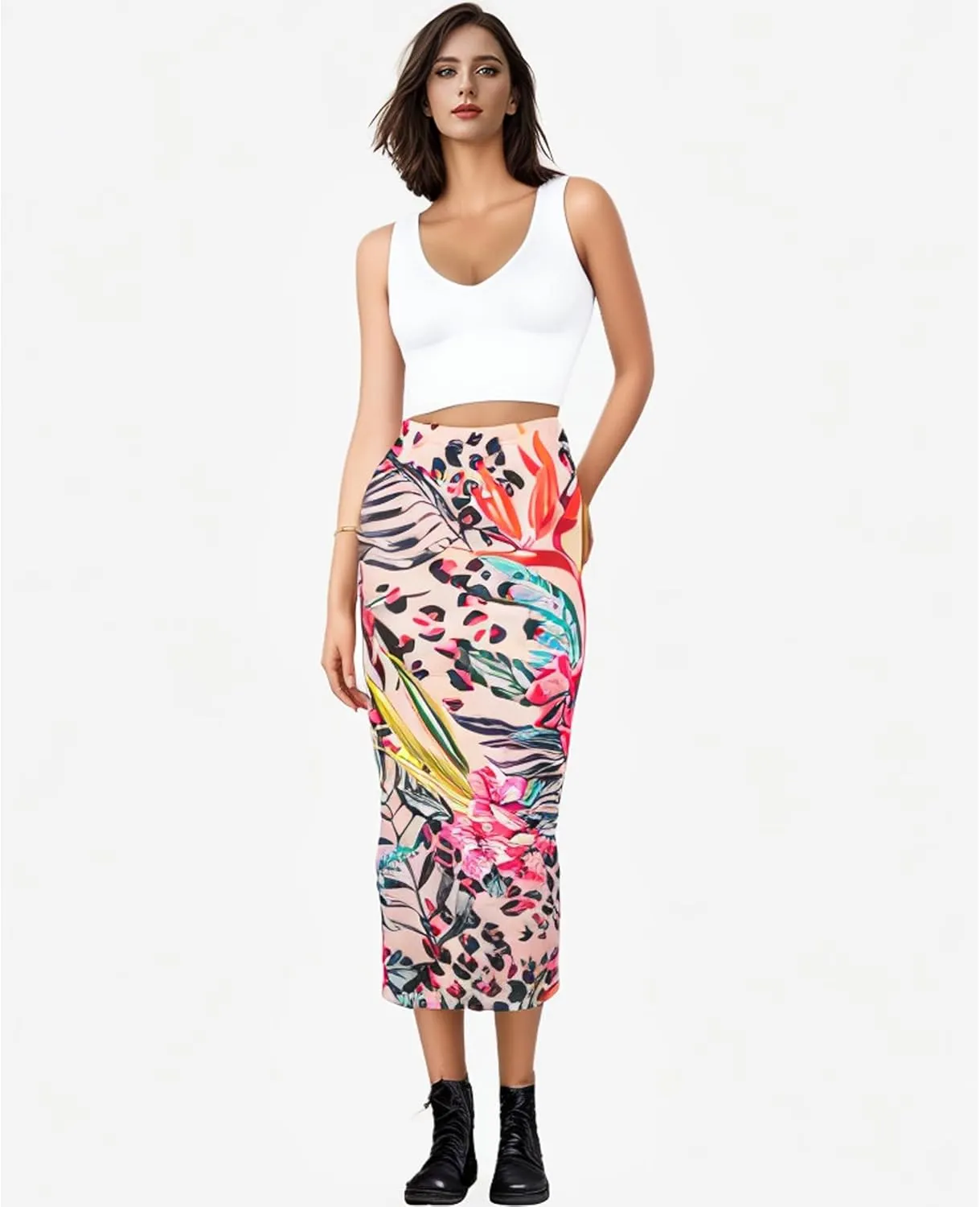 Sexy Maxi Skirt for Women, Stretch Thicken High Waist Floral Print Pencil Long Bodycon Skirts Back Split