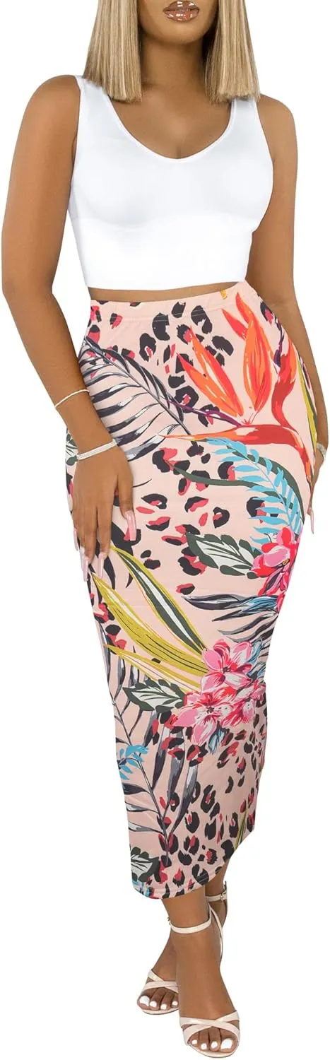 Sexy Maxi Skirt for Women, Stretch Thicken High Waist Floral Print Pencil Long Bodycon Skirts Back Split