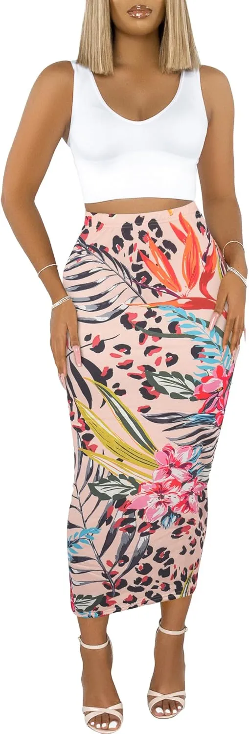 Sexy Maxi Skirt for Women, Stretch Thicken High Waist Floral Print Pencil Long Bodycon Skirts Back Split