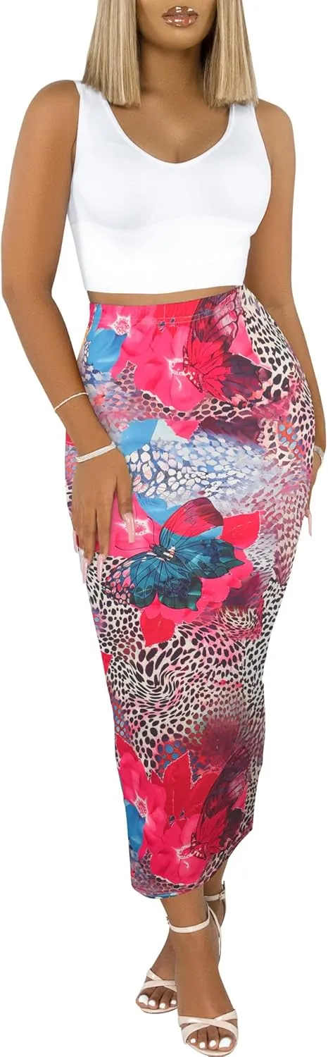 Sexy Maxi Skirt for Women, Stretch Thicken High Waist Floral Print Pencil Long Bodycon Skirts Back Split