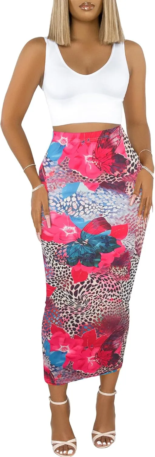 Sexy Maxi Skirt for Women, Stretch Thicken High Waist Floral Print Pencil Long Bodycon Skirts Back Split