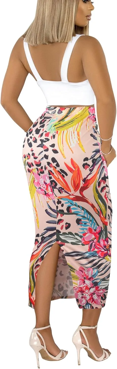 Sexy Maxi Skirt for Women, Stretch Thicken High Waist Floral Print Pencil Long Bodycon Skirts Back Split
