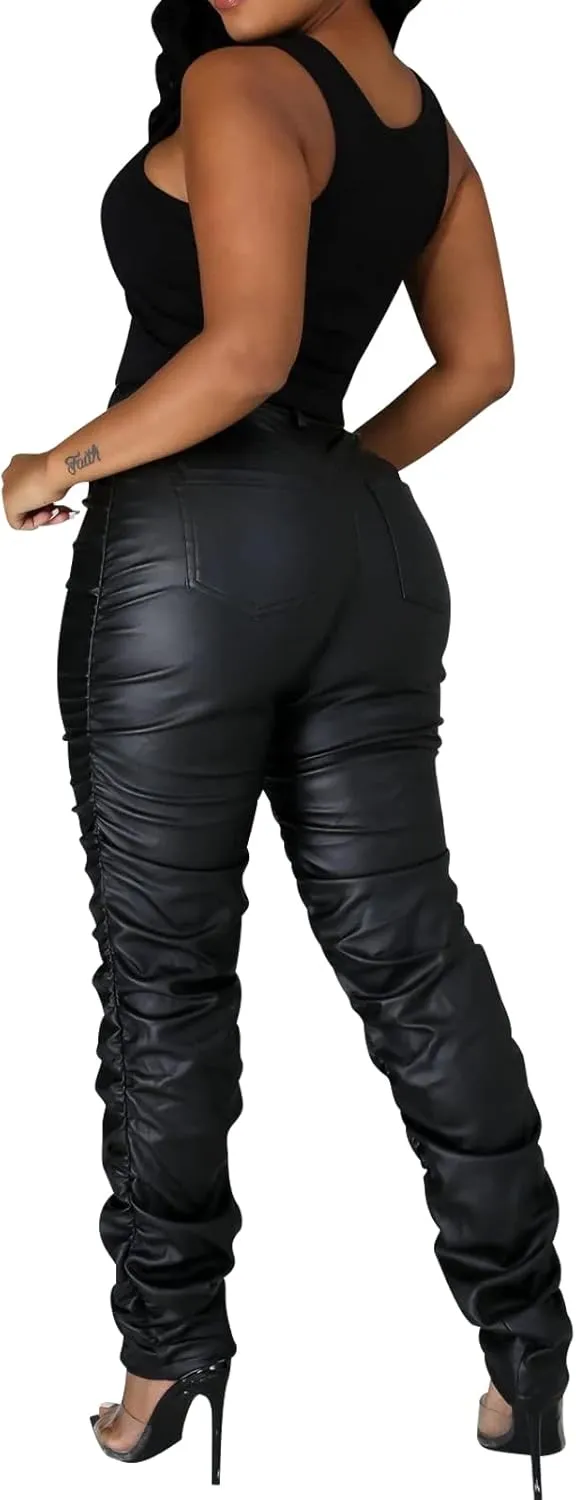 Sexy Women Faux Leather Leggings High Waisted Pleated Leather Tights Splits Hem Stacked Pants