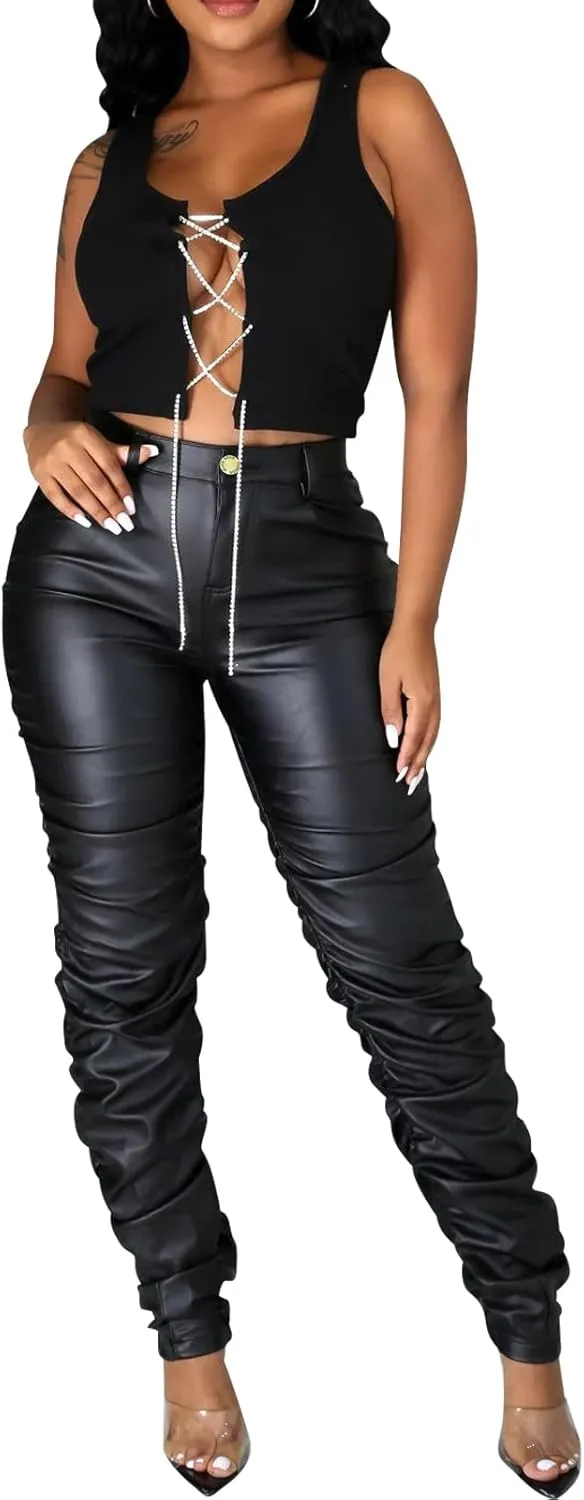 Sexy Women Faux Leather Leggings High Waisted Pleated Leather Tights Splits Hem Stacked Pants