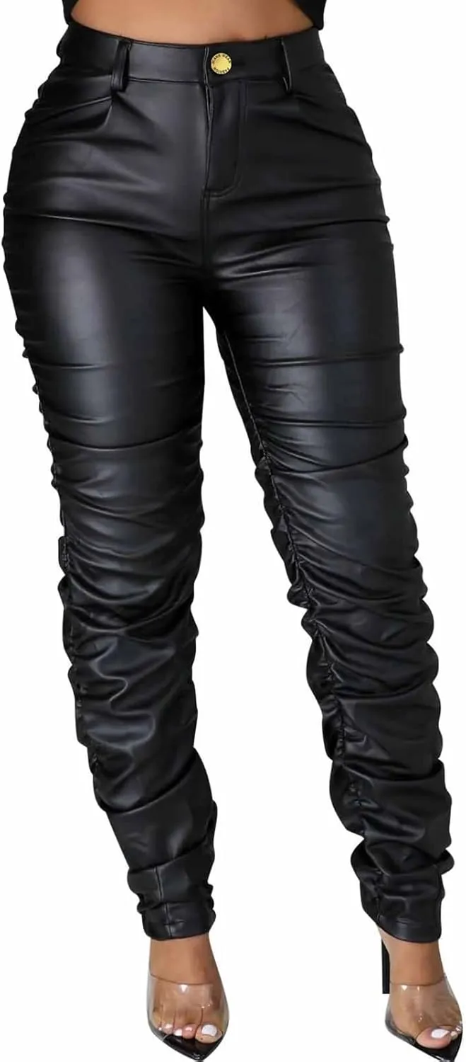 Sexy Women Faux Leather Leggings High Waisted Pleated Leather Tights Splits Hem Stacked Pants