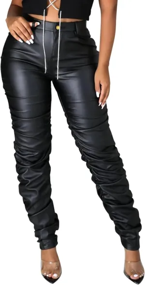 Sexy Women Faux Leather Leggings High Waisted Pleated Leather Tights Splits Hem Stacked Pants