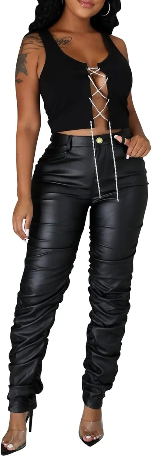 Sexy Women Faux Leather Leggings High Waisted Pleated Leather Tights Splits Hem Stacked Pants