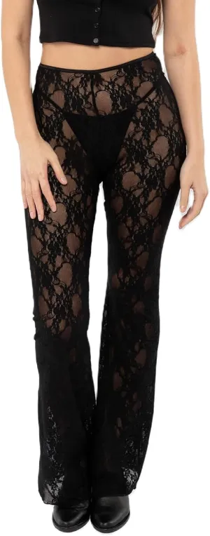 Sexy Women Y2K Lace Flare Pants High Waist See-Through Sheer Mesh Leggings Coquette Wide Leg Bell-Bottom Trousers