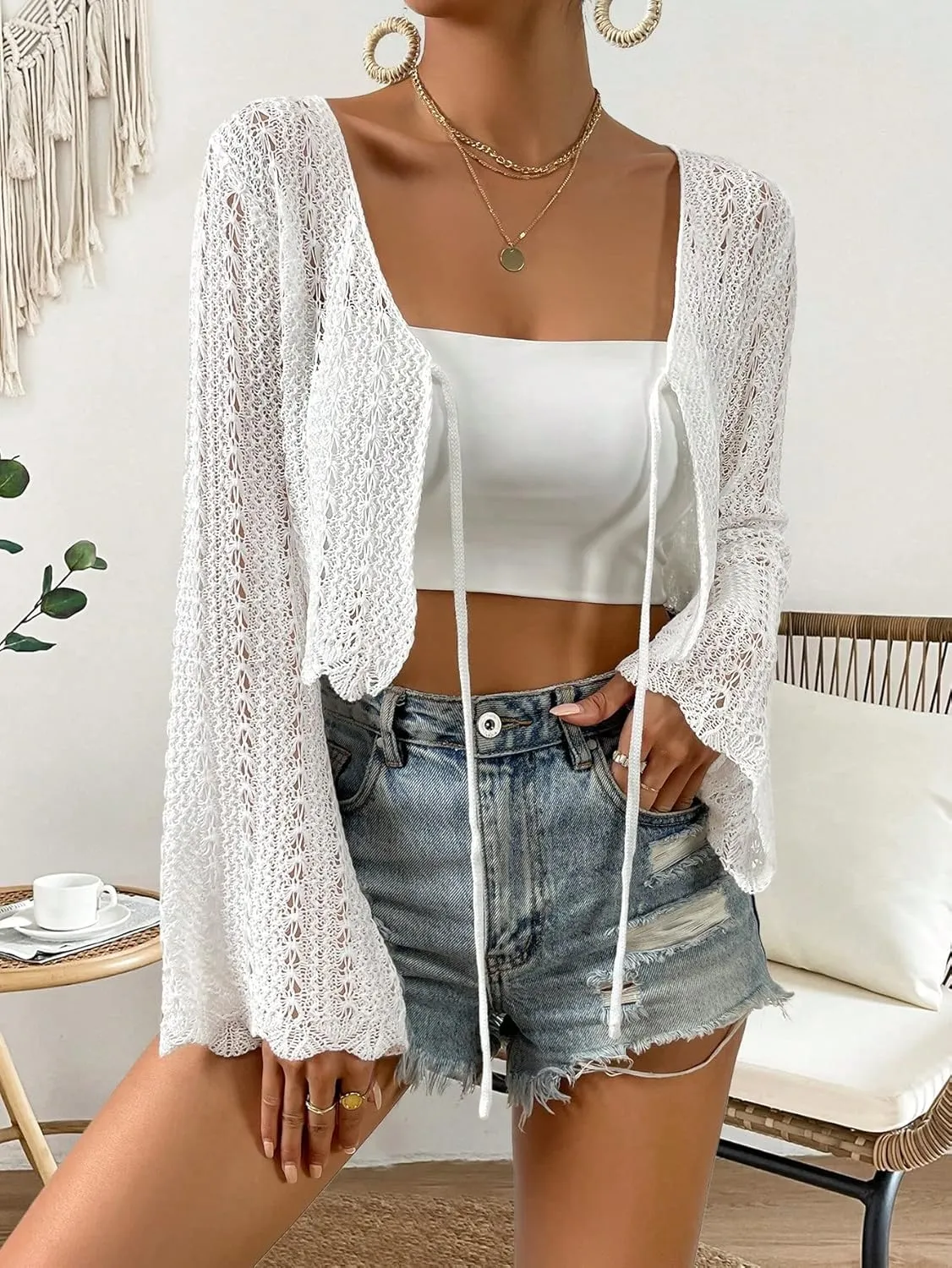 SHENHE Women's Tie Front Cardigan Trumpet Sleeve Pointelle Knit Crop Tops