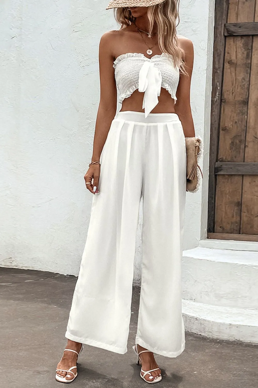 Shiny Smocked Tube Top and Wide Leg Pants Set