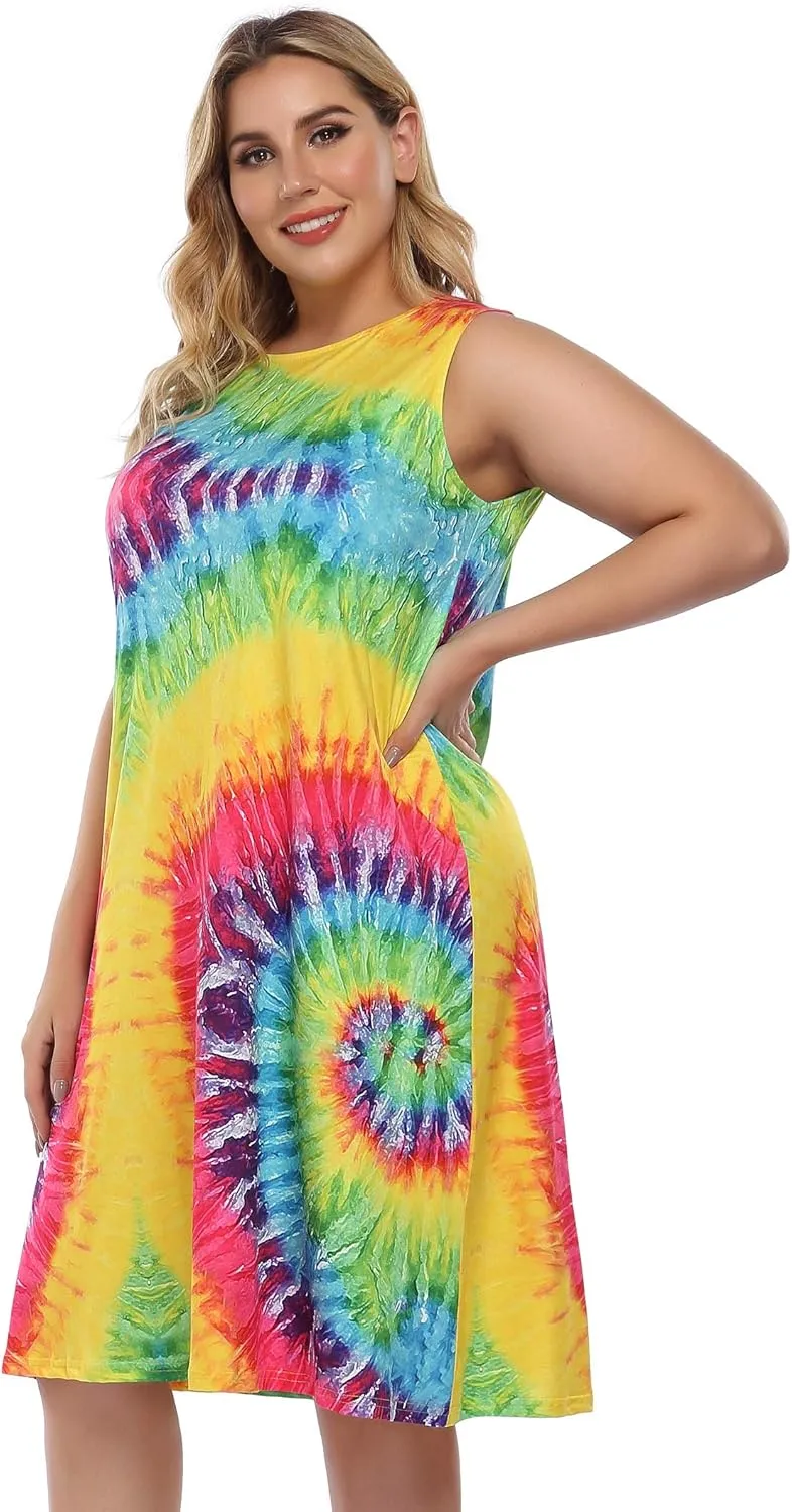 ShopWonder Womens Plus Size Summer Casual Tshirt Dresses Sleeveless Tie Dye Swing Sun Dress Beach Swimsuit Cover Ups