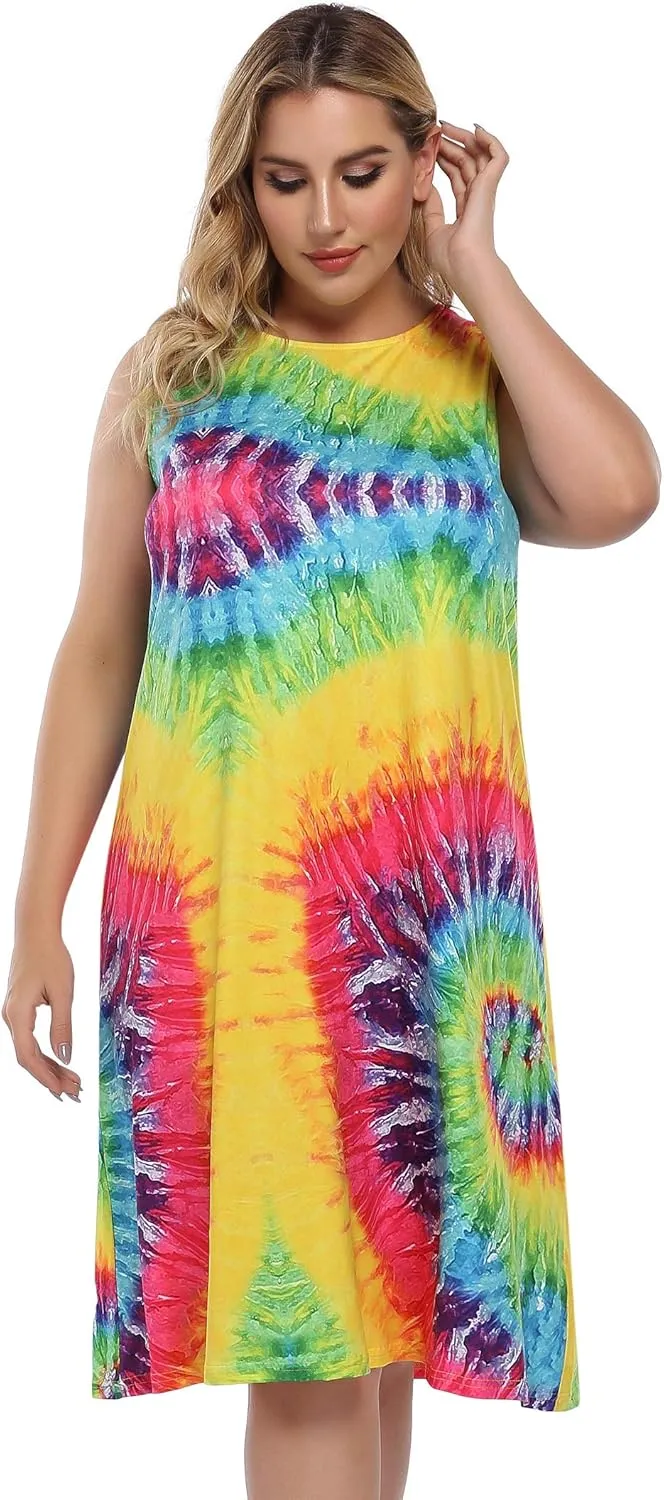 ShopWonder Womens Plus Size Summer Casual Tshirt Dresses Sleeveless Tie Dye Swing Sun Dress Beach Swimsuit Cover Ups