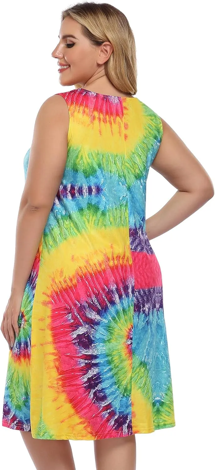ShopWonder Womens Plus Size Summer Casual Tshirt Dresses Sleeveless Tie Dye Swing Sun Dress Beach Swimsuit Cover Ups