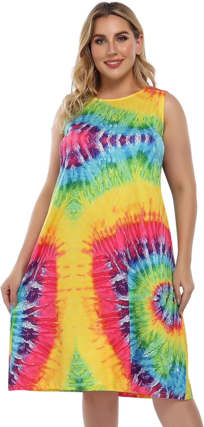 ShopWonder Womens Plus Size Summer Casual Tshirt Dresses Sleeveless Tie Dye Swing Sun Dress Beach Swimsuit Cover Ups