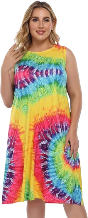 ShopWonder Womens Plus Size Summer Casual Tshirt Dresses Sleeveless Tie Dye Swing Sun Dress Beach Swimsuit Cover Ups