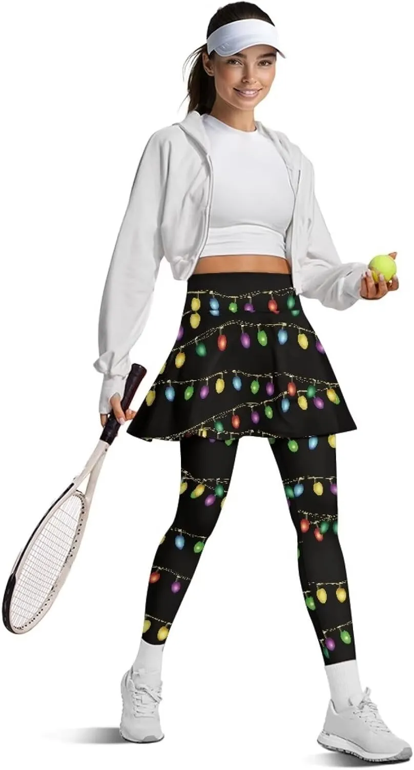Skirted Leggings for Women with Pockets High Waisted Golf Tennis Yoga Pants with Skirt for Running Workout XS-3XL