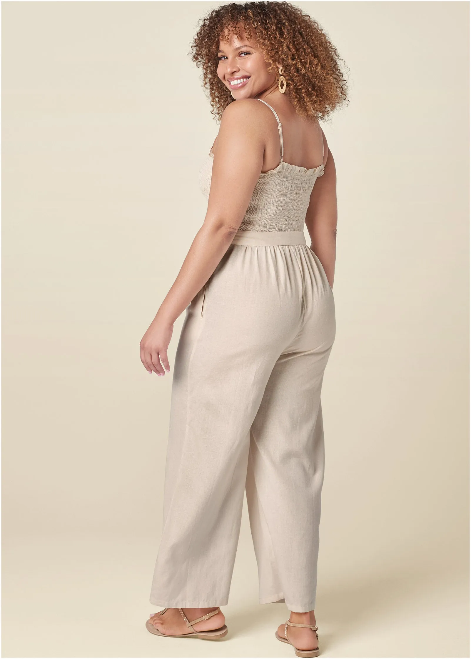 Smocked Linen Jumpsuit - Sand