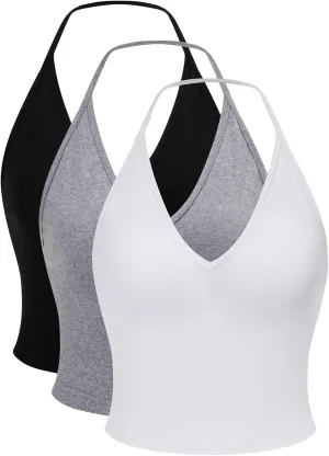 SOLY HUX Women's Halter Tops 3 Piece Backless Sleeveless Crop Cami Top Summer Camisole