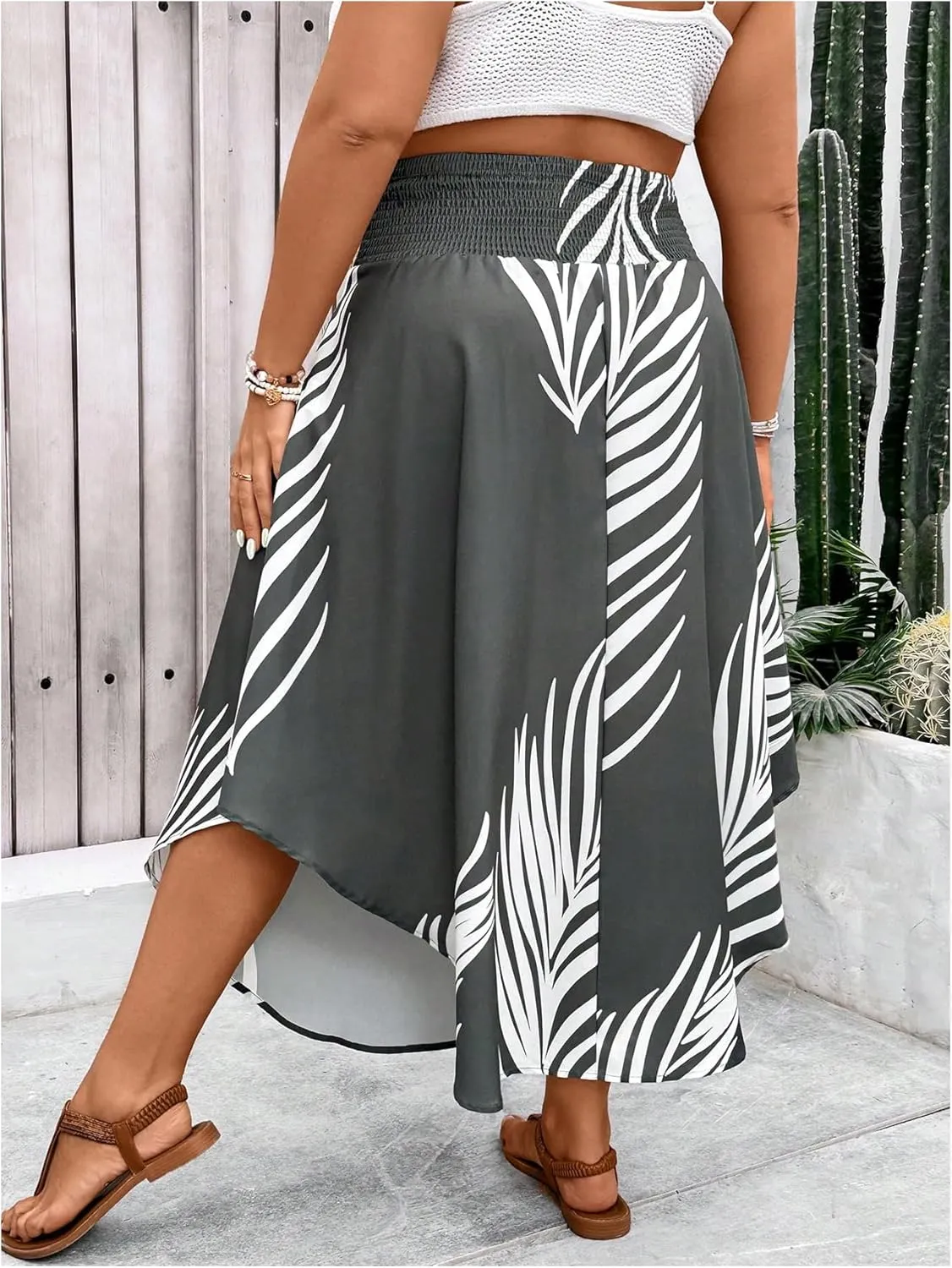 SOLY HUX Women's Plus Size Skirt Leaf Print Shirred Tie Front High Waist A Line Summer Long Skirts
