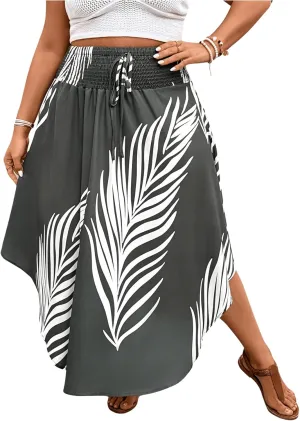 SOLY HUX Women's Plus Size Skirt Leaf Print Shirred Tie Front High Waist A Line Summer Long Skirts