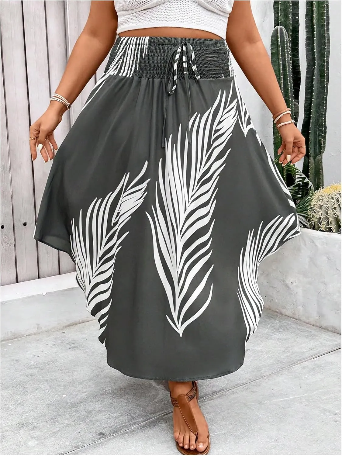 SOLY HUX Women's Plus Size Skirt Leaf Print Shirred Tie Front High Waist A Line Summer Long Skirts
