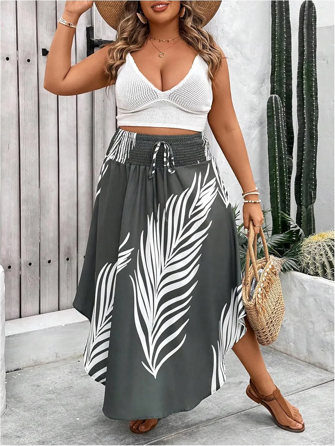 SOLY HUX Women's Plus Size Skirt Leaf Print Shirred Tie Front High Waist A Line Summer Long Skirts