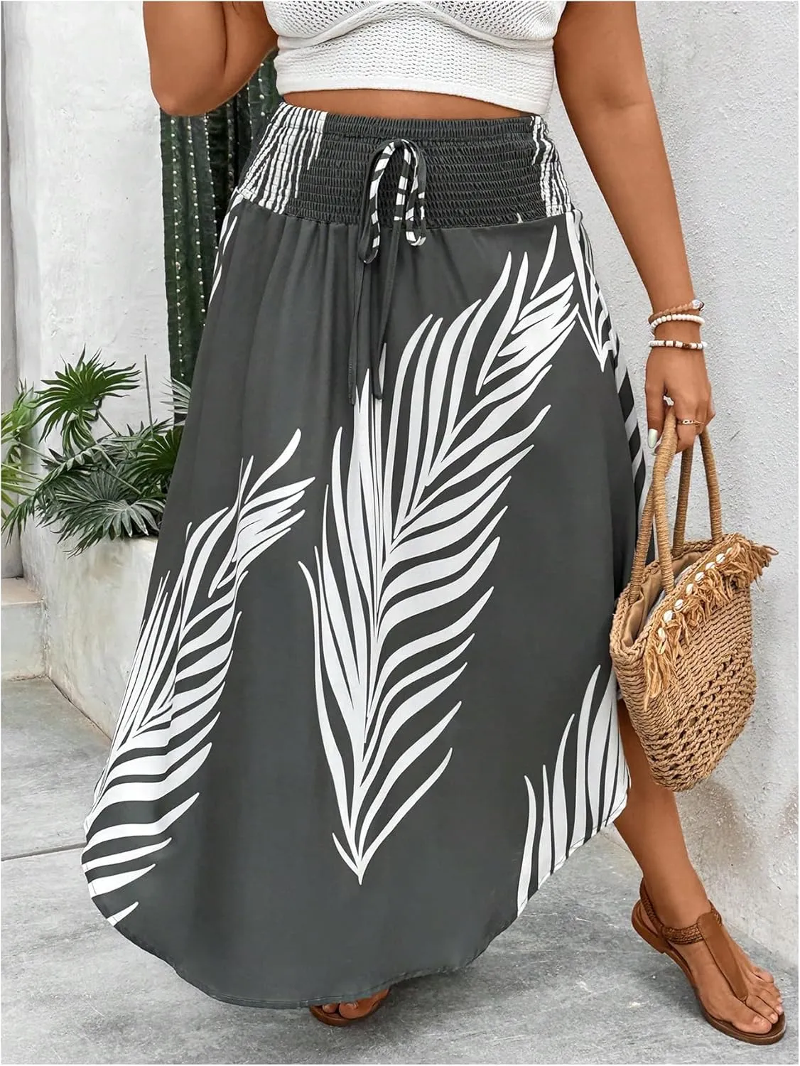 SOLY HUX Women's Plus Size Skirt Leaf Print Shirred Tie Front High Waist A Line Summer Long Skirts